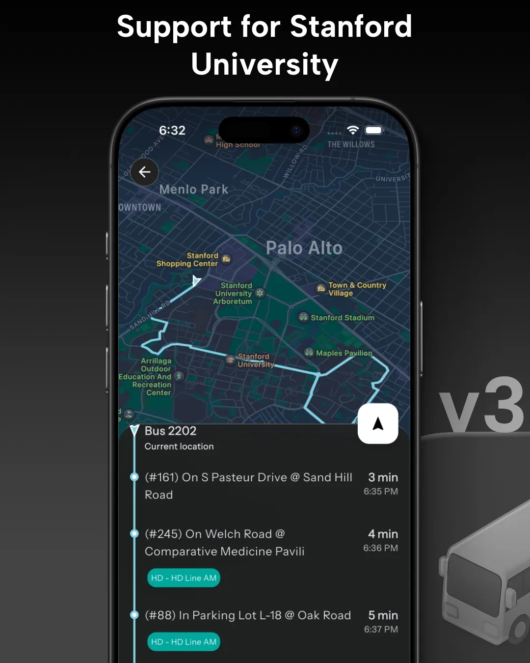 Stanford Marguerite Shuttle Tracker in Destination Transit App