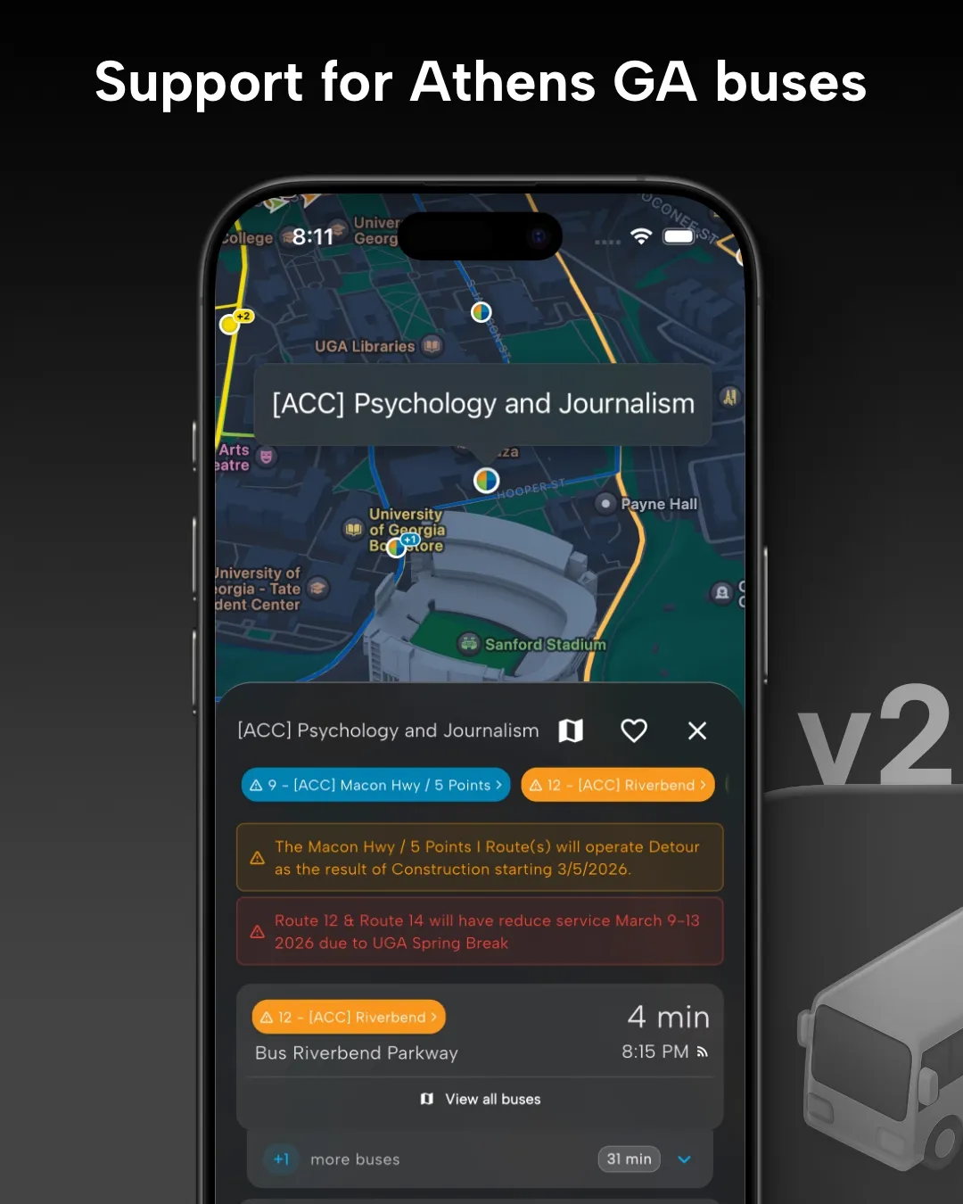 Athens County GA transit tracker map in Destination Transit app