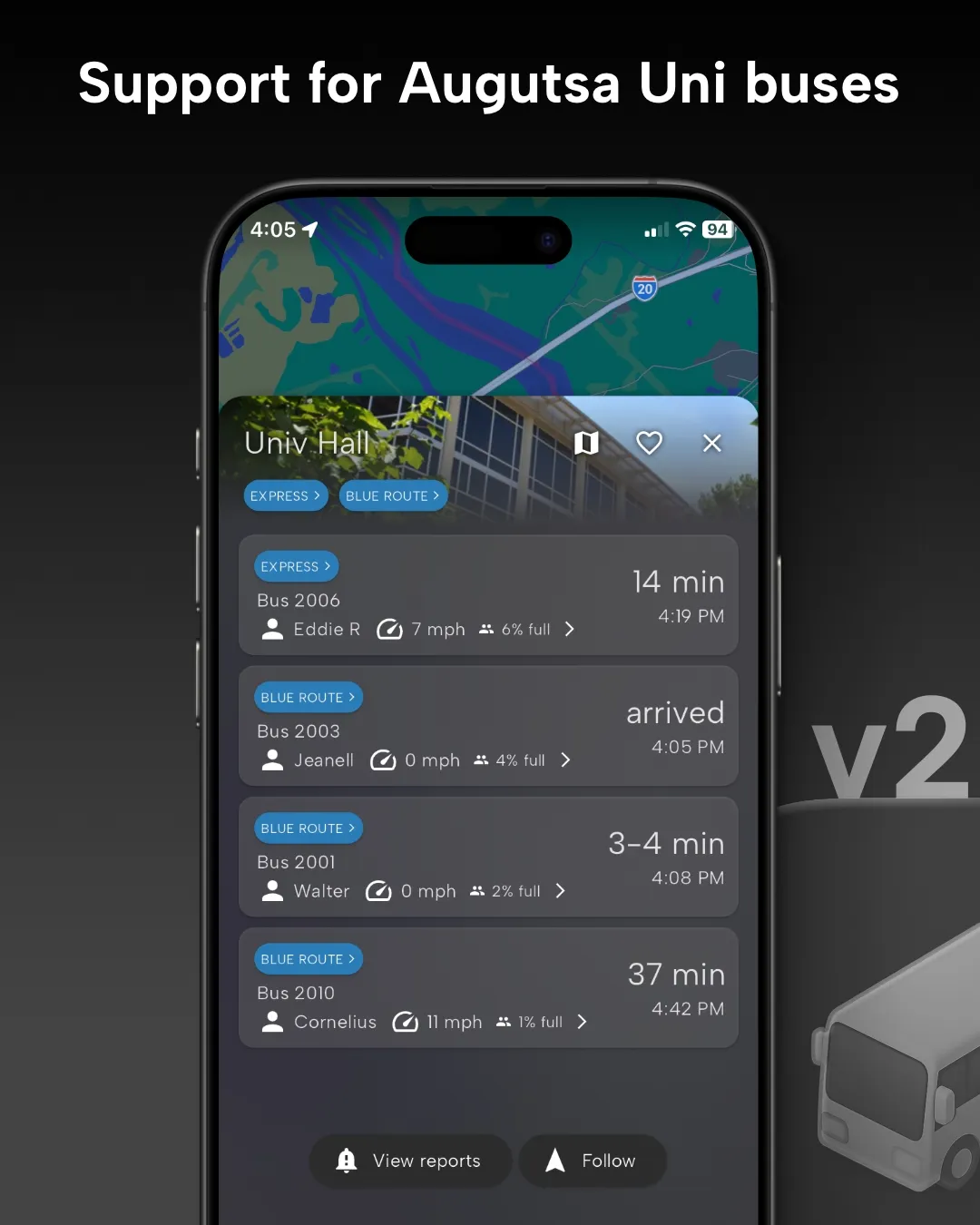 Augusta University transit tracker map in Destination Transit app