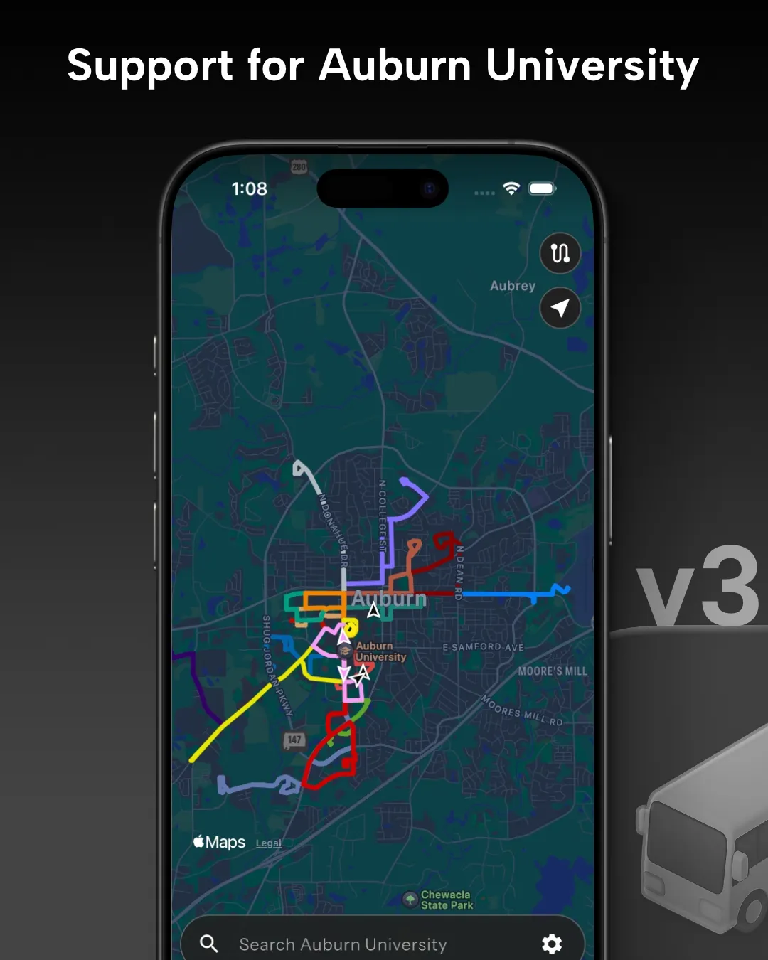 Auburn University transit tracker map in Destination Transit app