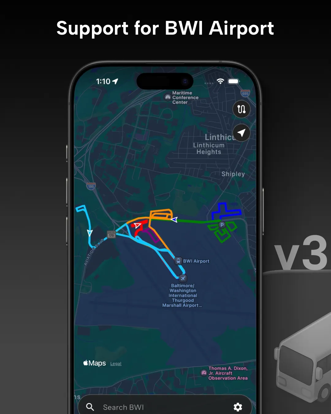 BWI Airport transit tracker map in Destination Transit app