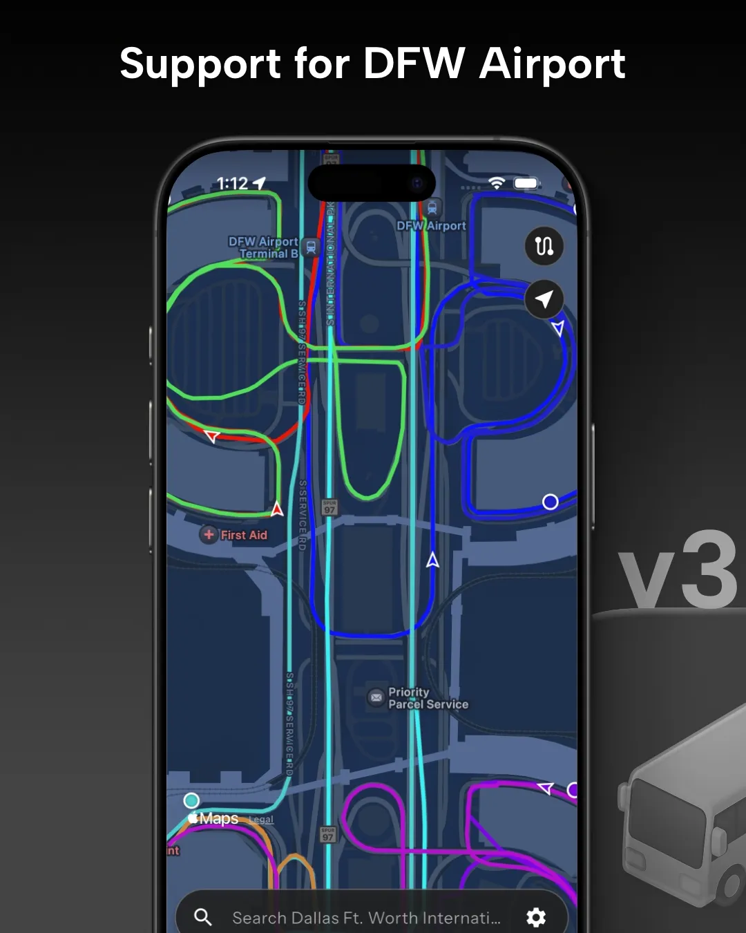 DFW Airport transit tracker map in Destination Transit app