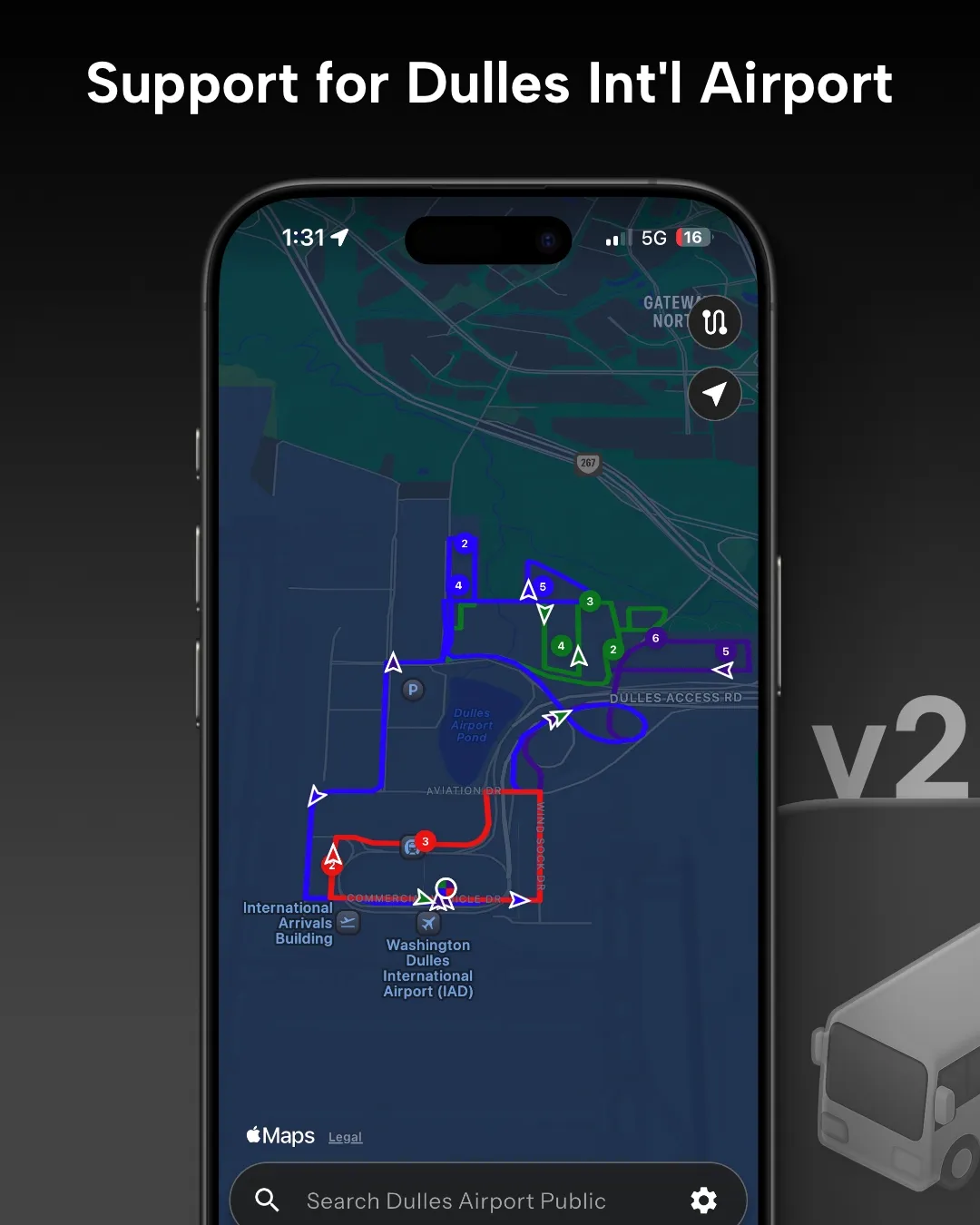 Dulles Int'l Airport (DC) transit tracker map in Destination Transit app