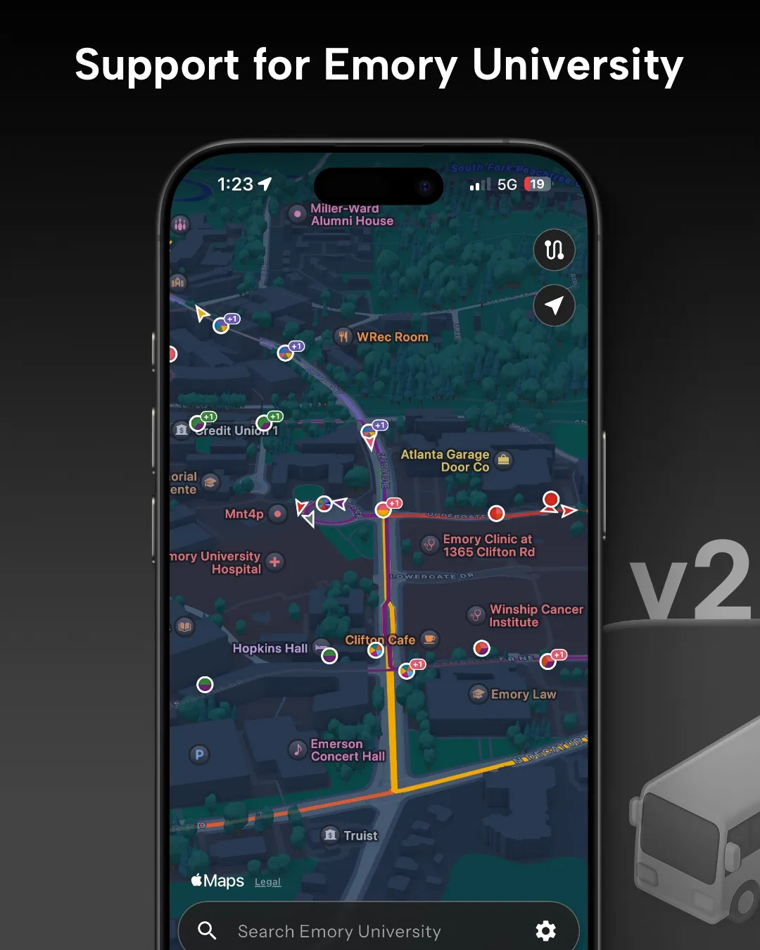 Emory University transit tracker map in Destination Transit app