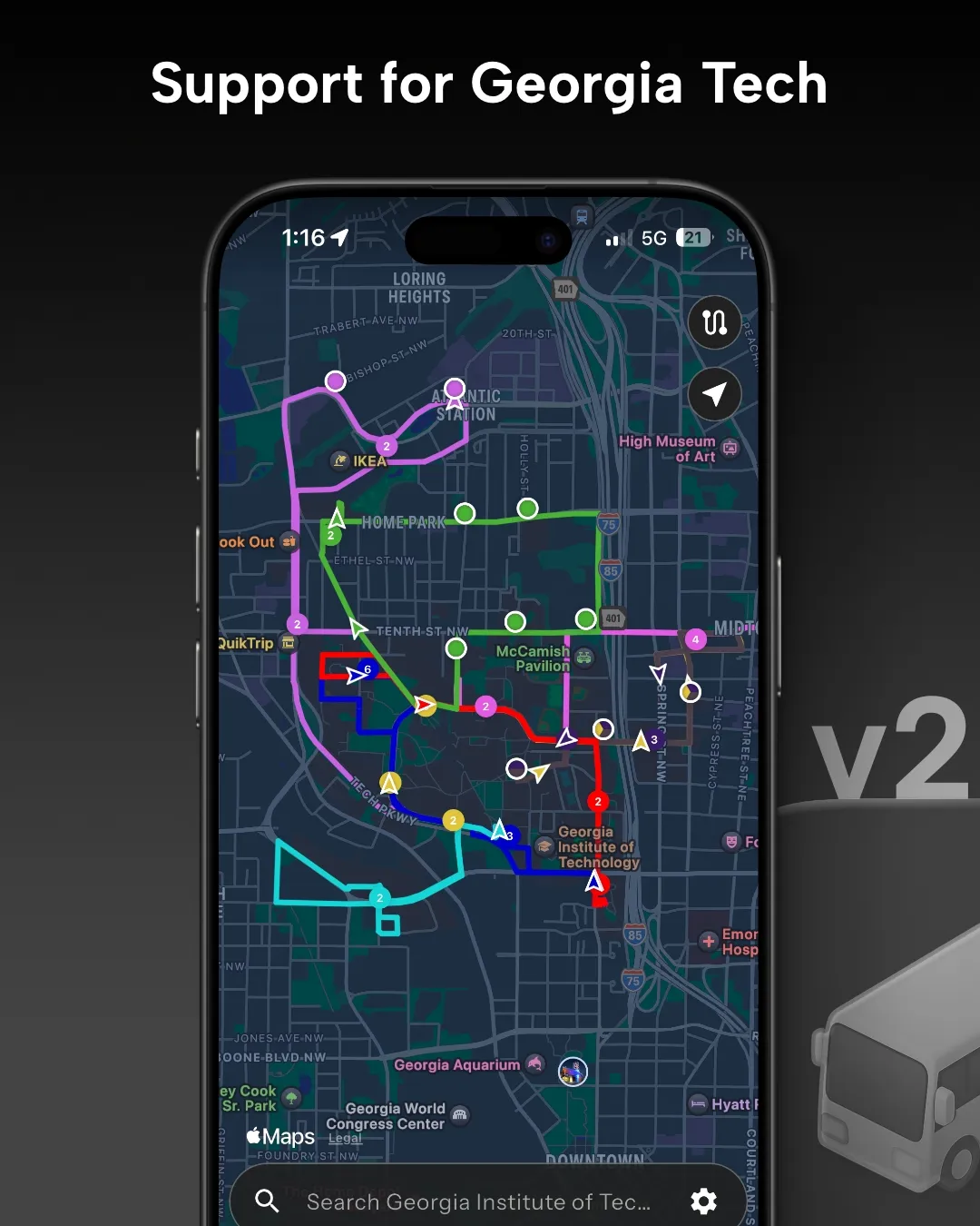 Georgia Tech Stinger Shuttle Bus in Destination Transit App