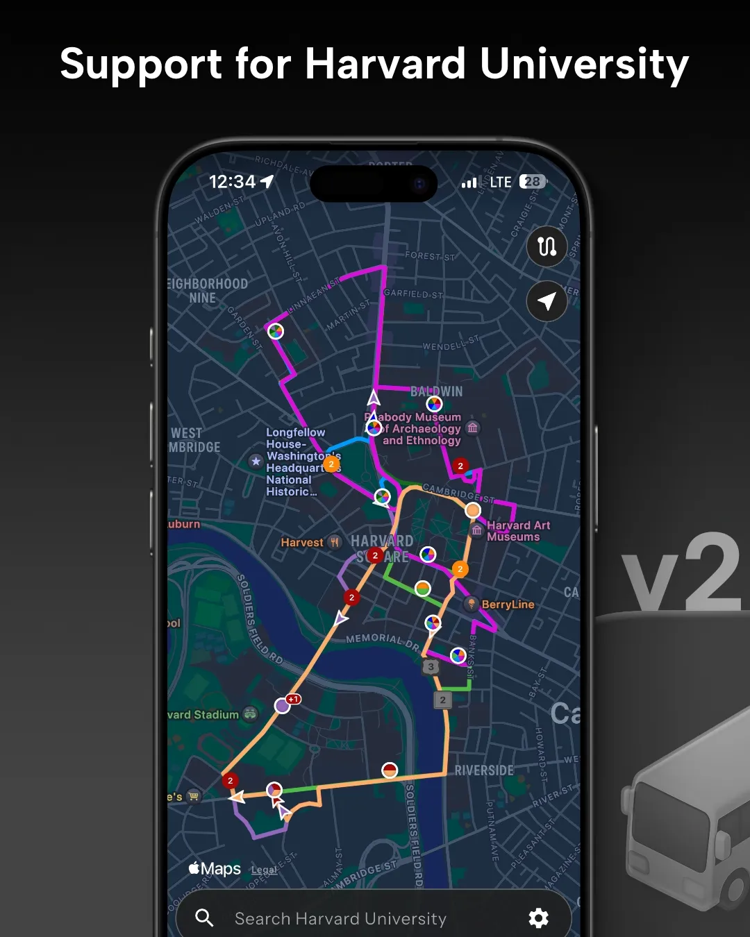 Harvard University transit tracker map in Destination Transit app