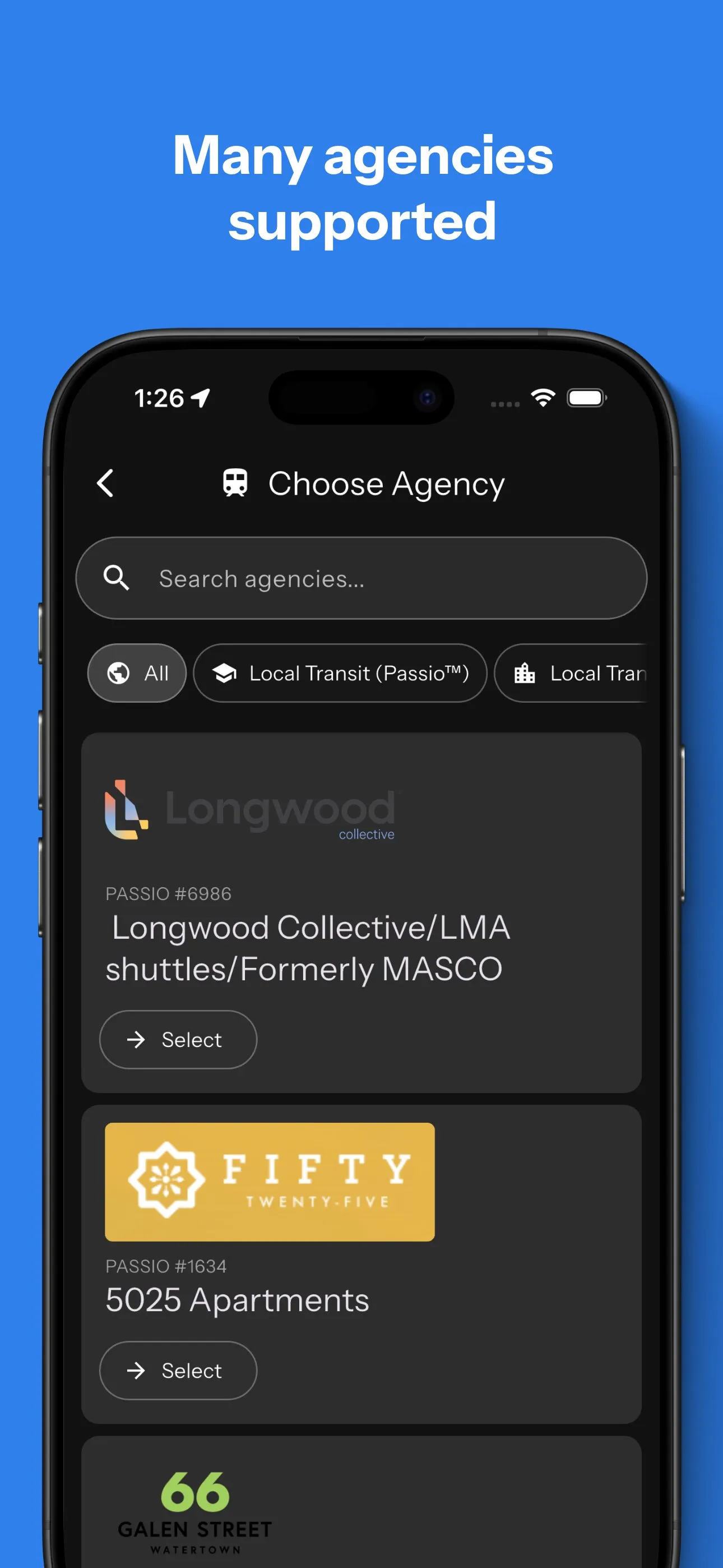 App Store screenshot showing supported transit agencies in Destination Transit