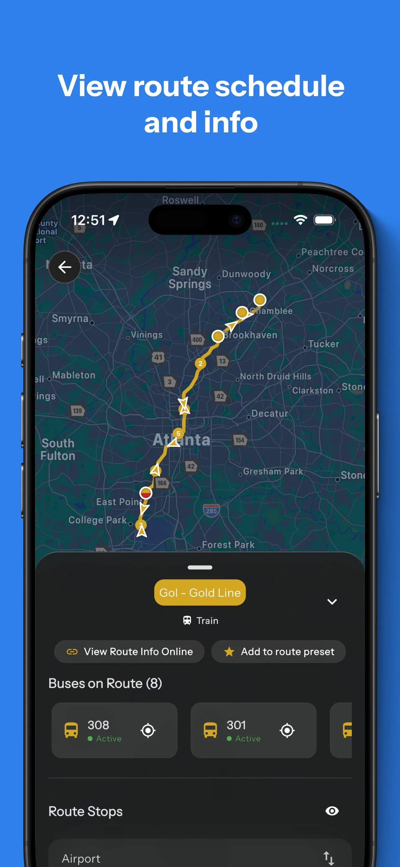 App Store screenshot showing detailed bus route view
