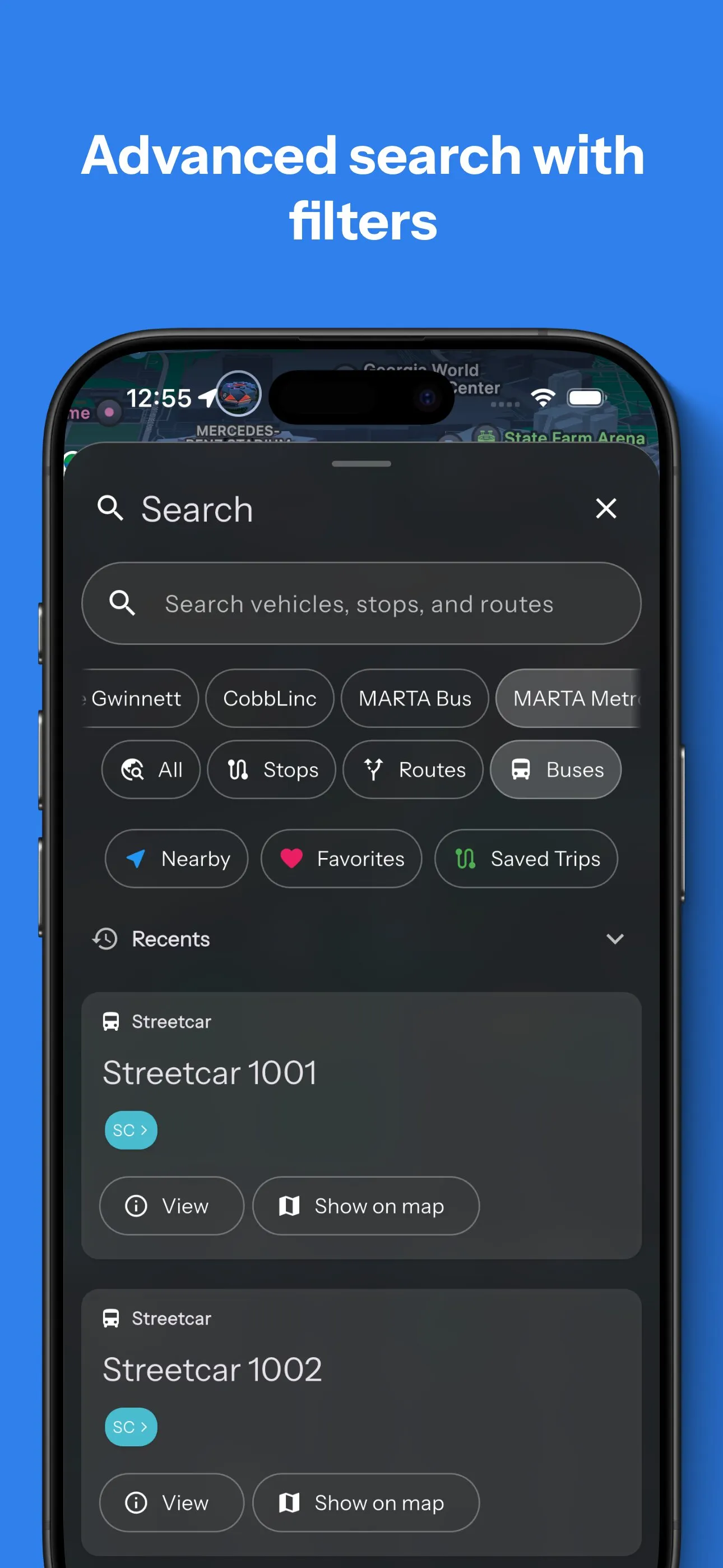 App Store screenshot showing smart search for nearby bus stops