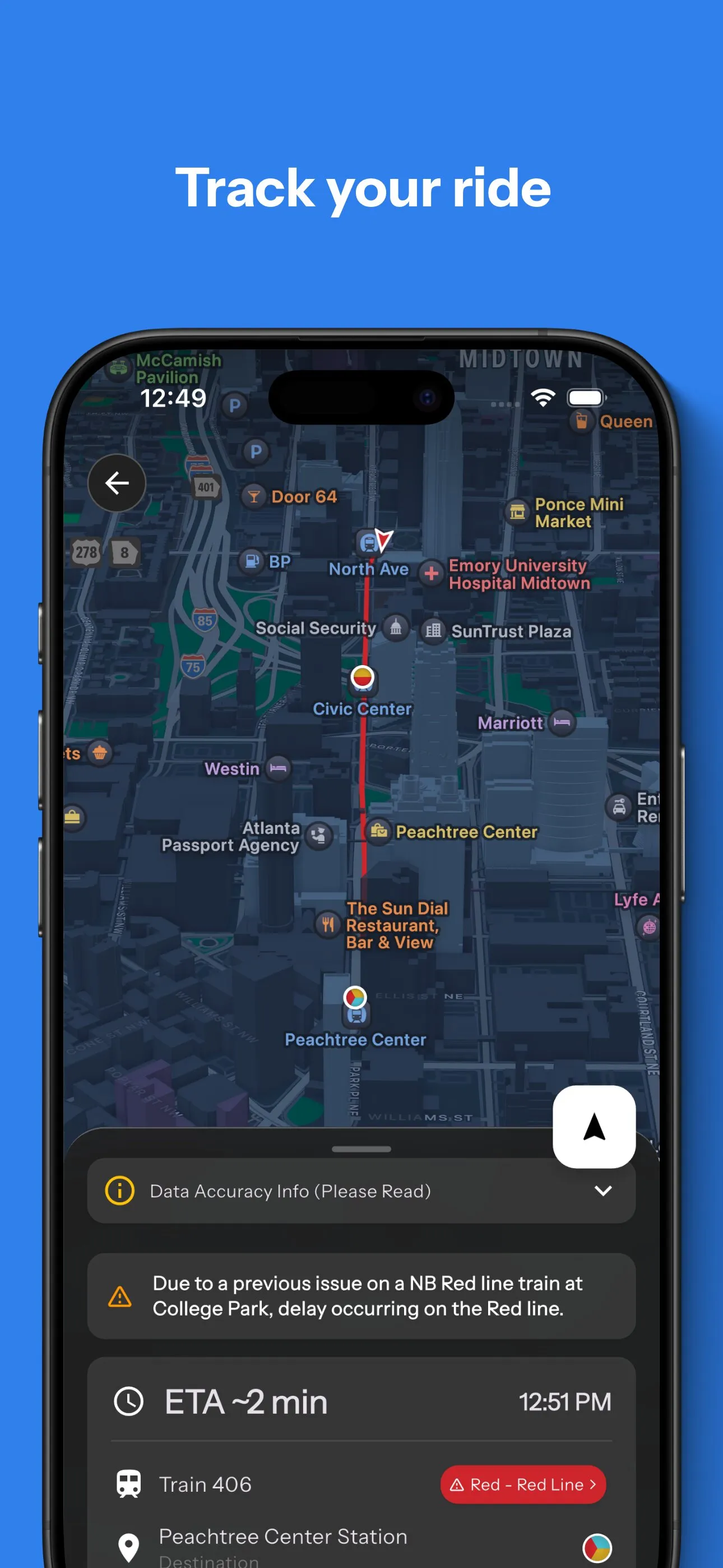App Store screenshot showing live bus tracking map in Destination Transit