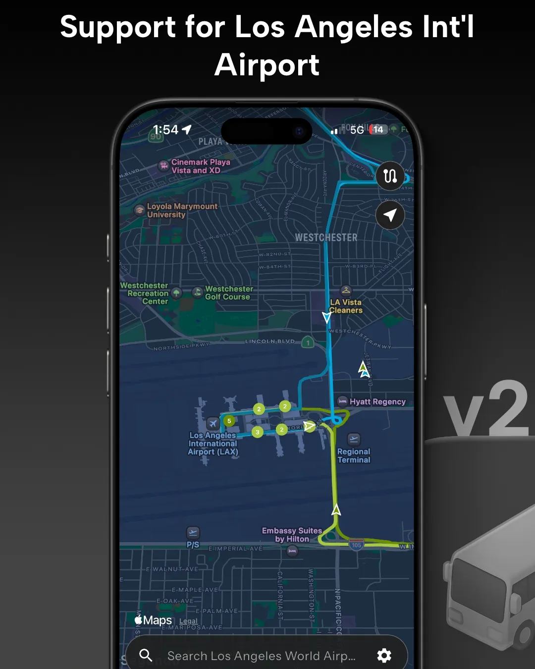 LAX Int'l Airport transit tracker map in Destination Transit app
