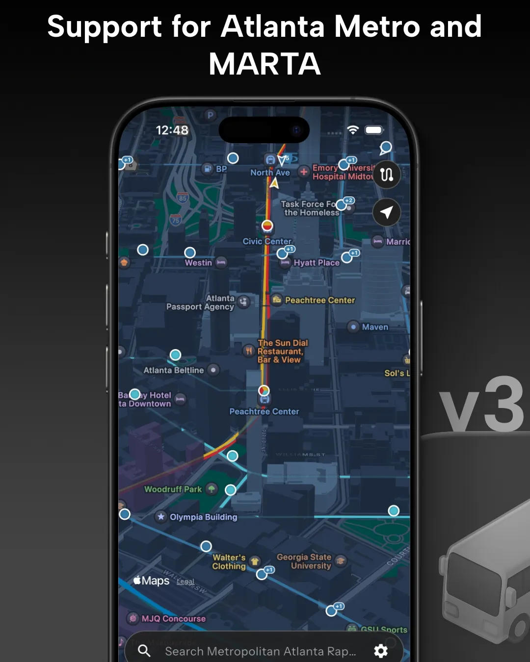 MARTA transit tracker map in Destination Transit app