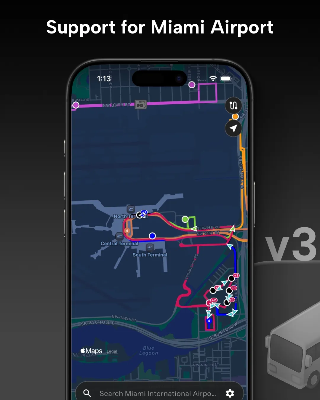 Miami Int'l Airport transit tracker map in Destination Transit app
