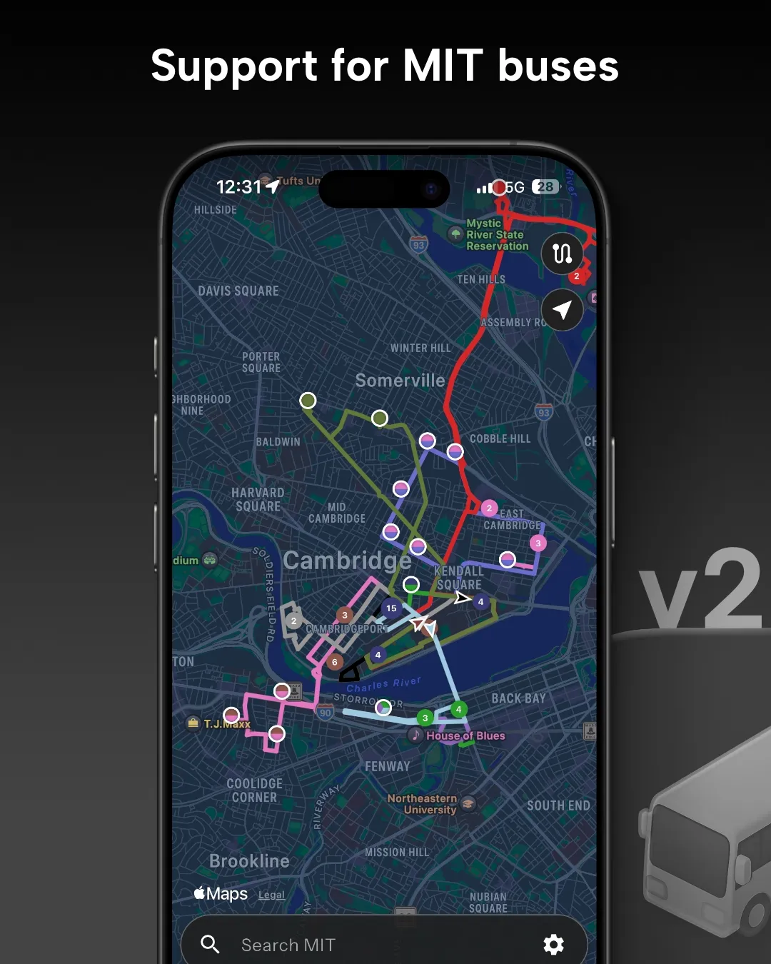 MIT transit tracker map in Destination Transit app