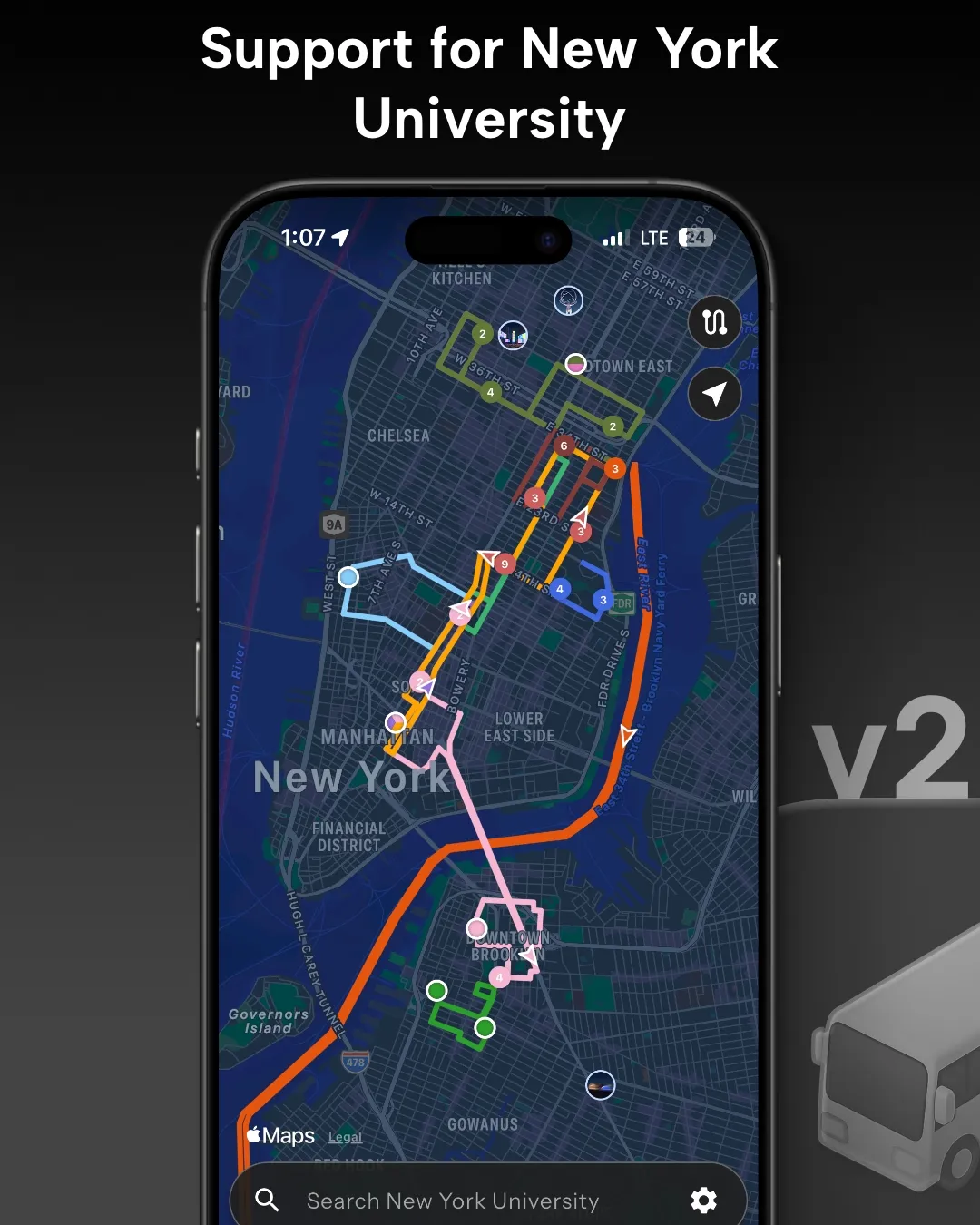 NYU transit tracker map in Destination Transit app
