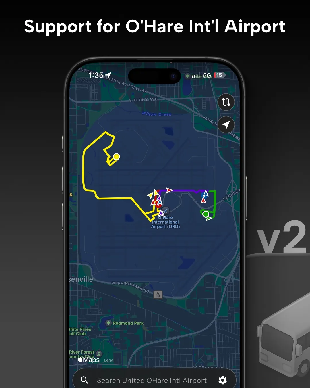 Chicago O'Hare Int'l Airport transit tracker map in Destination Transit app