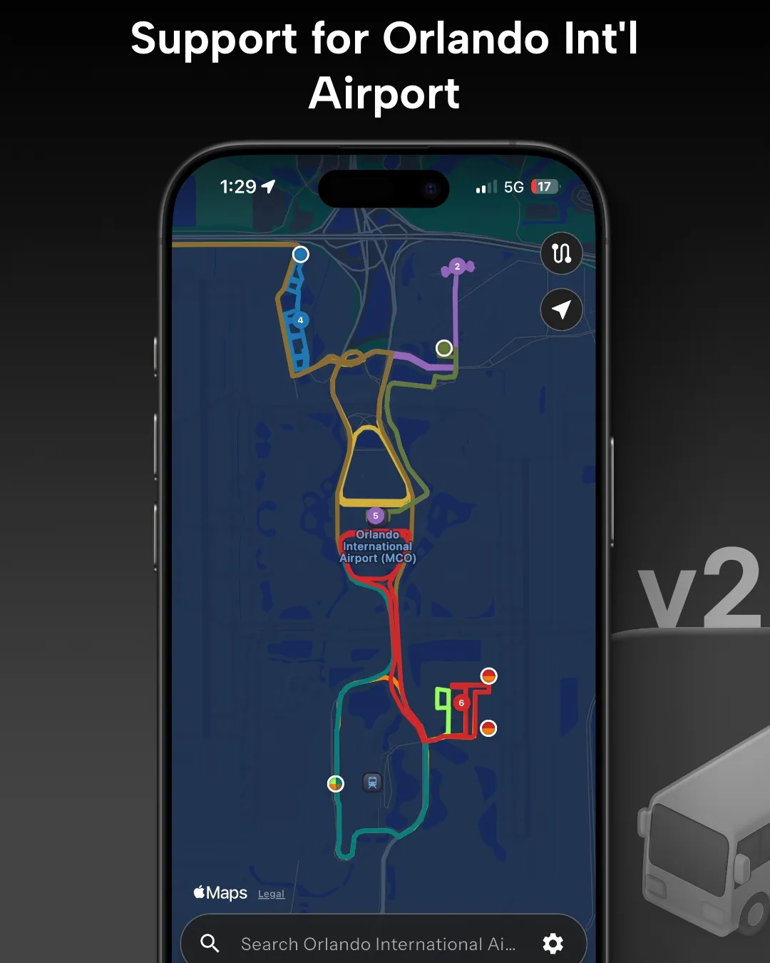 Orlando Int'l Airport transit tracker map in Destination Transit app