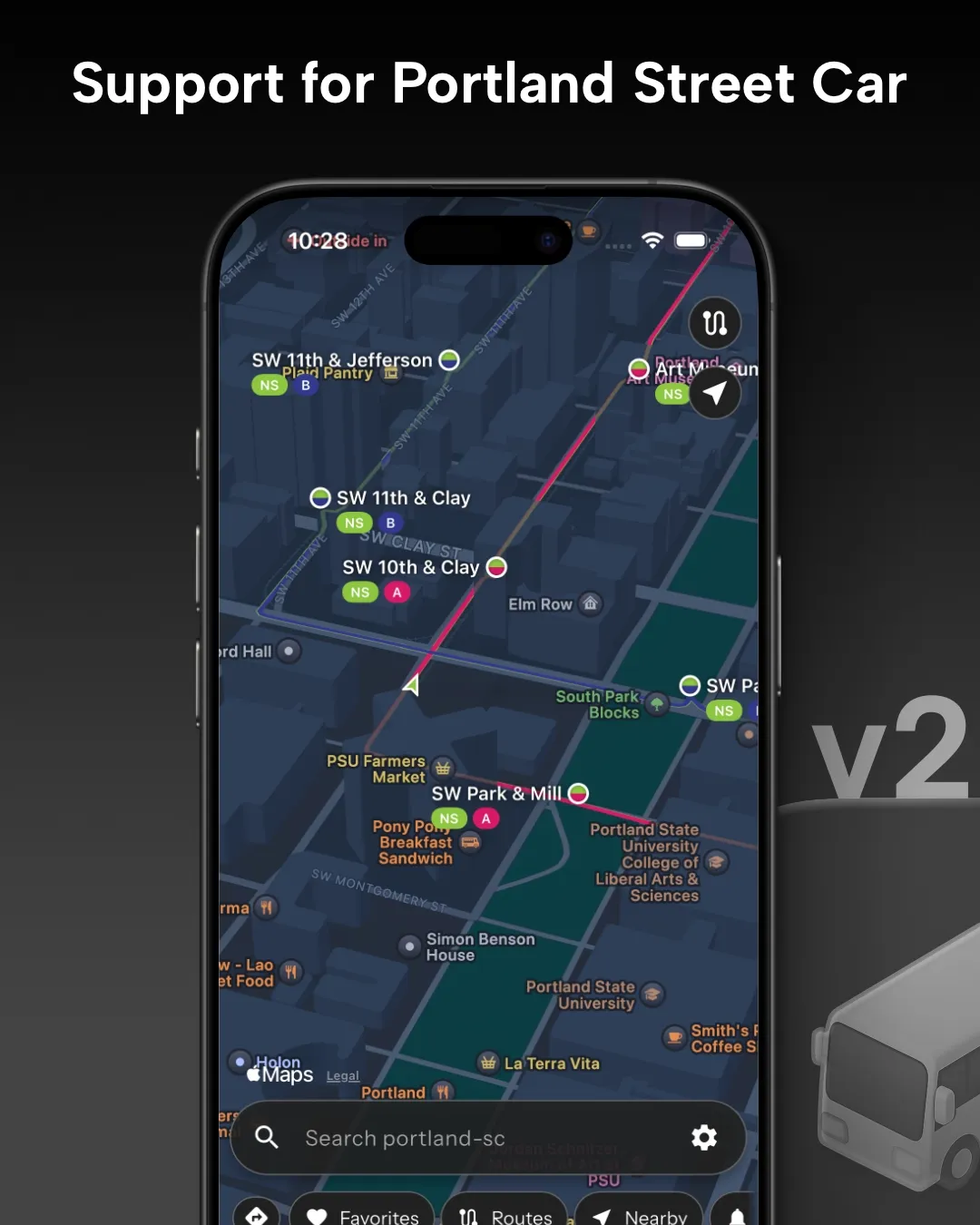 Portland transit tracker map in Destination Transit app