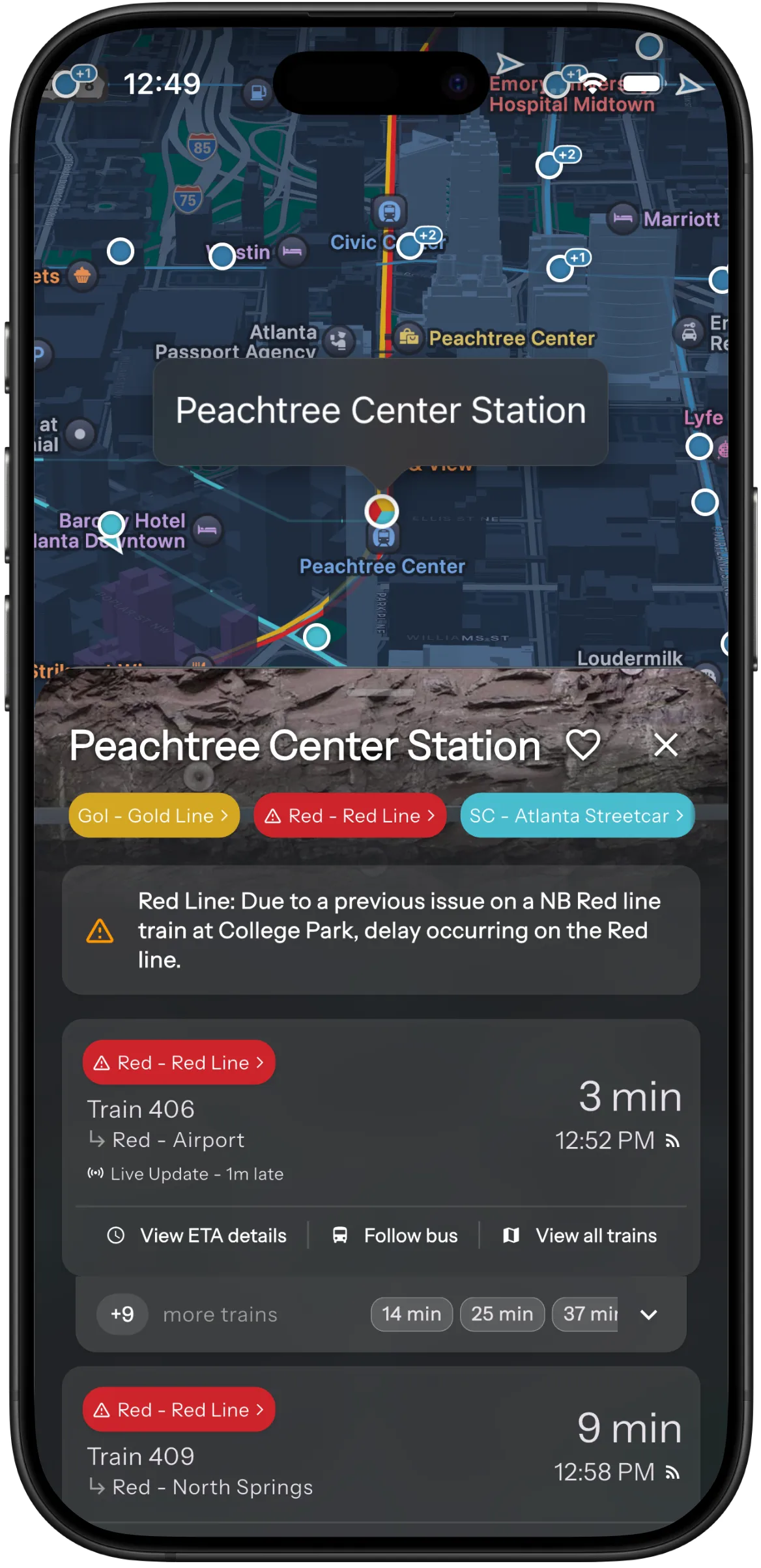 Destination Transit app live bus tracking interface on iPhone