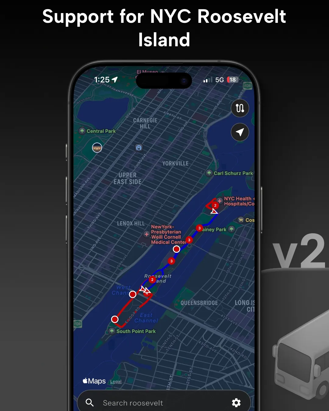 Roosevelt Island NYC transit tracker map in Destination Transit app