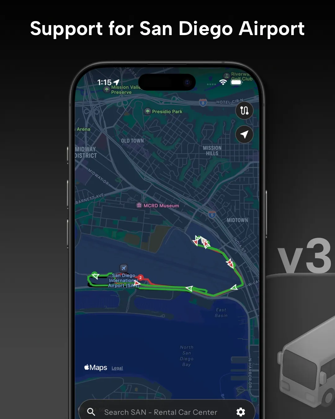 SAN Airport transit tracker map in Destination Transit app