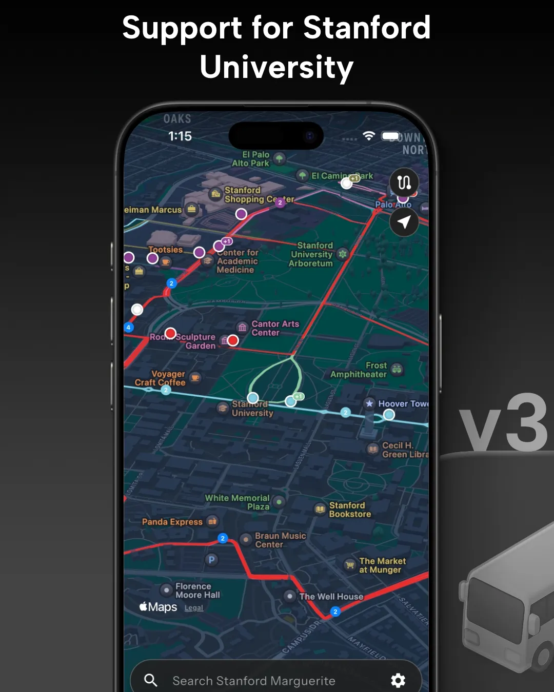 Stanford University transit tracker map in Destination Transit app