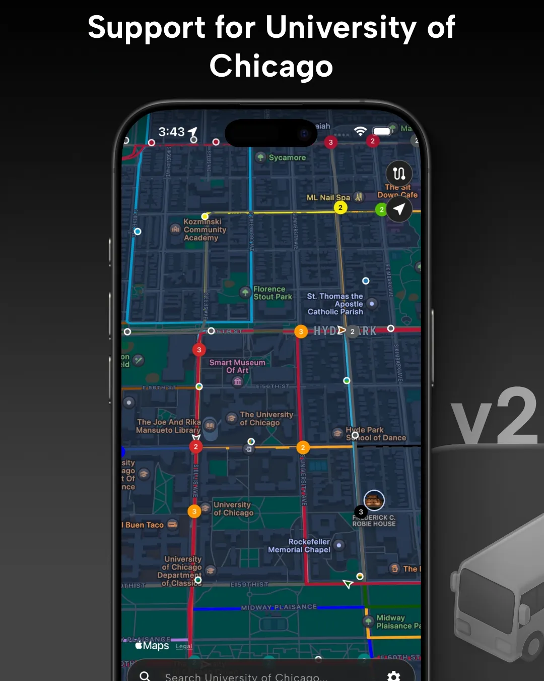 University of Chicago transit tracker map in Destination Transit app