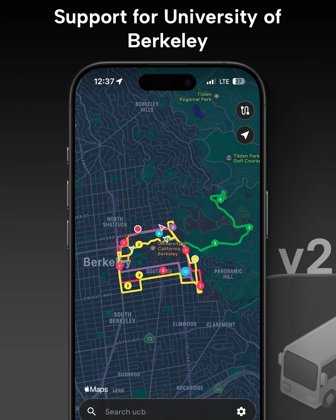 UC Berkeley transit tracker map in Destination Transit app