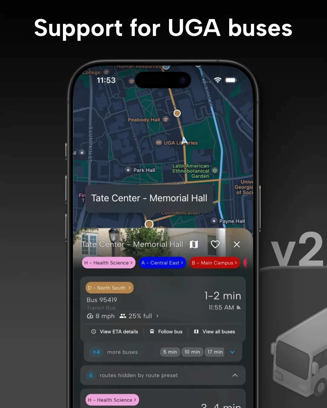 UGA transit tracker map in Destination Transit app