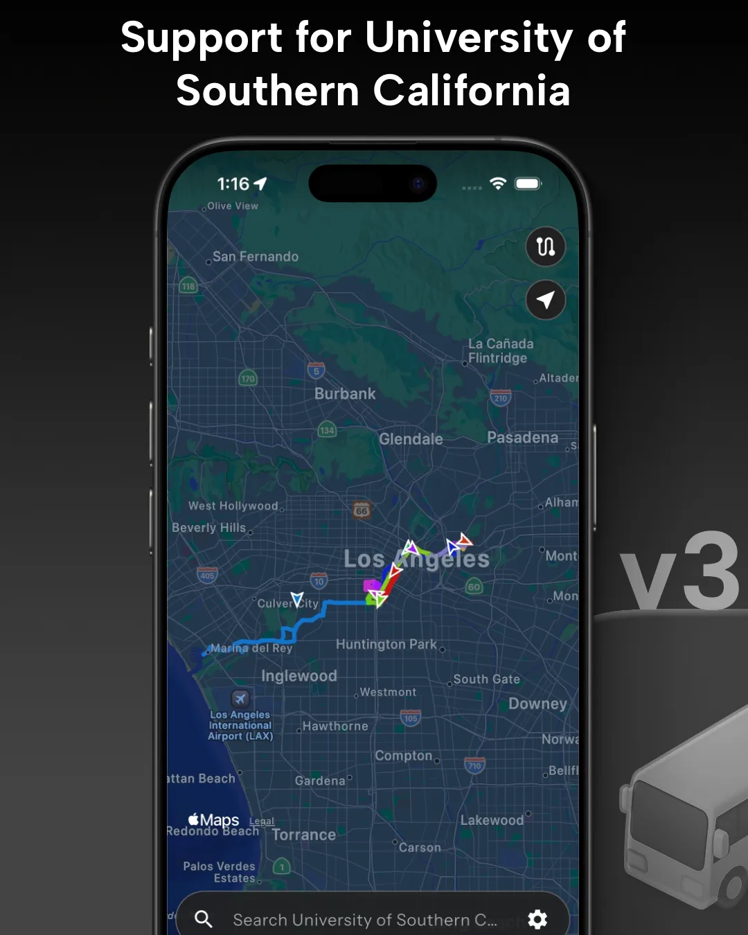 USC transit tracker map in Destination Transit app